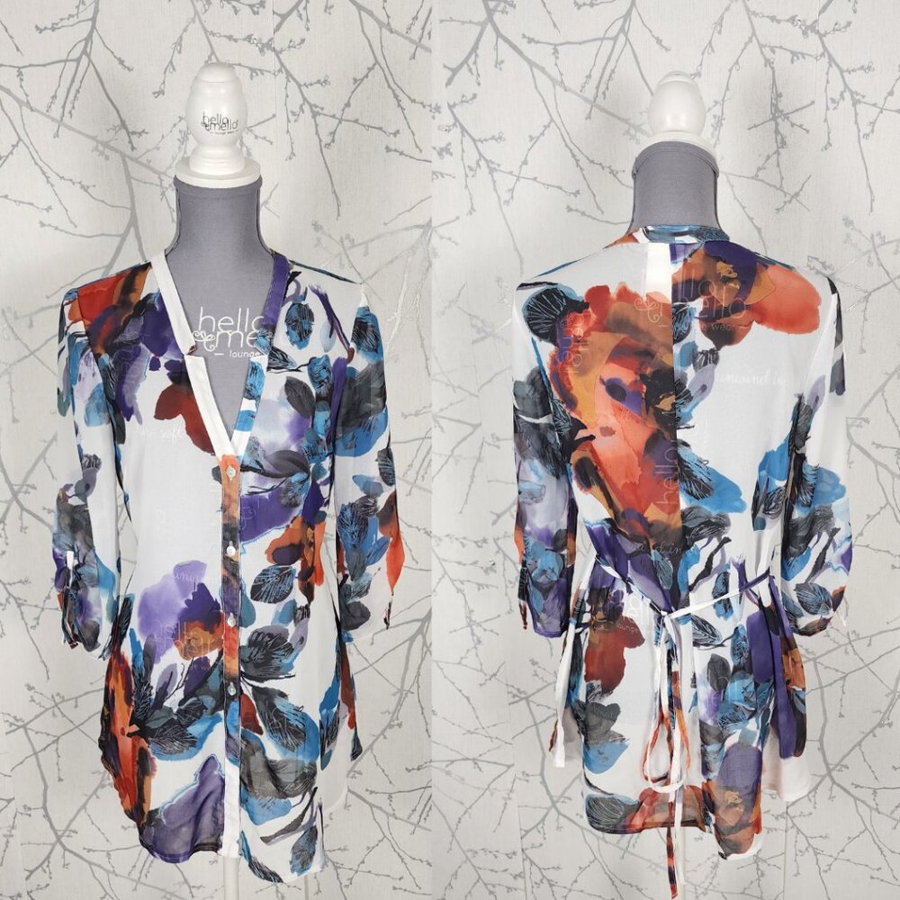 Dolcezza Artsy Watercolor Floral Button Front Sheer Tunic Dress